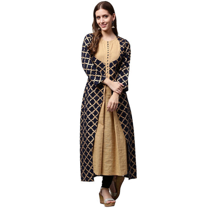 Navy Blue Printed Full Sleeve Cotton Double Layer Anarkali Kurta | LASVINI - Redefining Indian Fashion with Elegance
