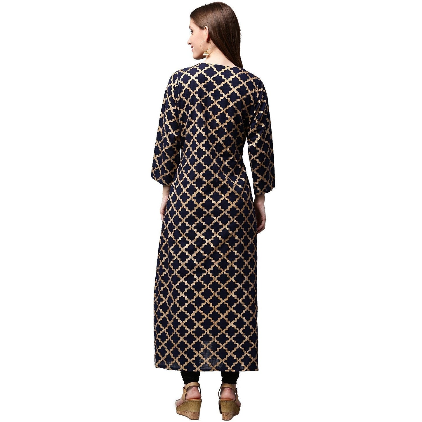 Navy Blue Printed Full Sleeve Cotton Double Layer Anarkali Kurta | LASVINI - Redefining Indian Fashion with Elegance