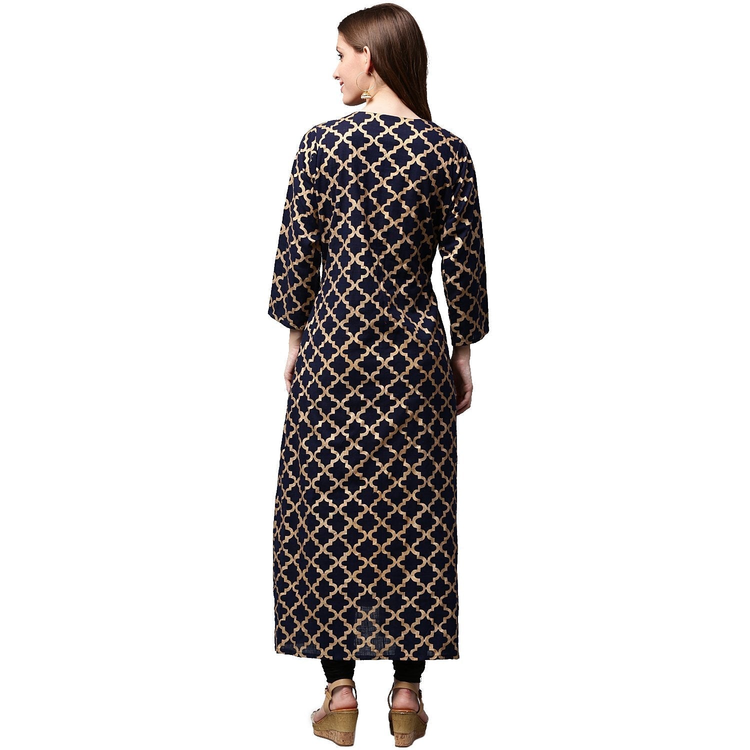 Navy Blue Printed Full Sleeve Cotton Double Layer Anarkali Kurta | LASVINI - Redefining Indian Fashion with Elegance