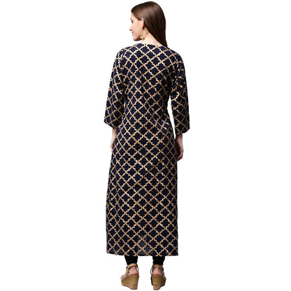 Navy Blue Printed Full Sleeve Cotton Double Layer Anarkali Kurta | LASVINI - Redefining Indian Fashion with Elegance