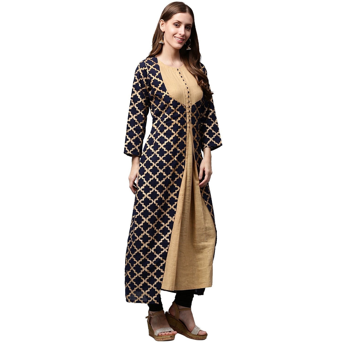Navy Blue Printed Full Sleeve Cotton Double Layer Anarkali Kurta | LASVINI - Redefining Indian Fashion with Elegance