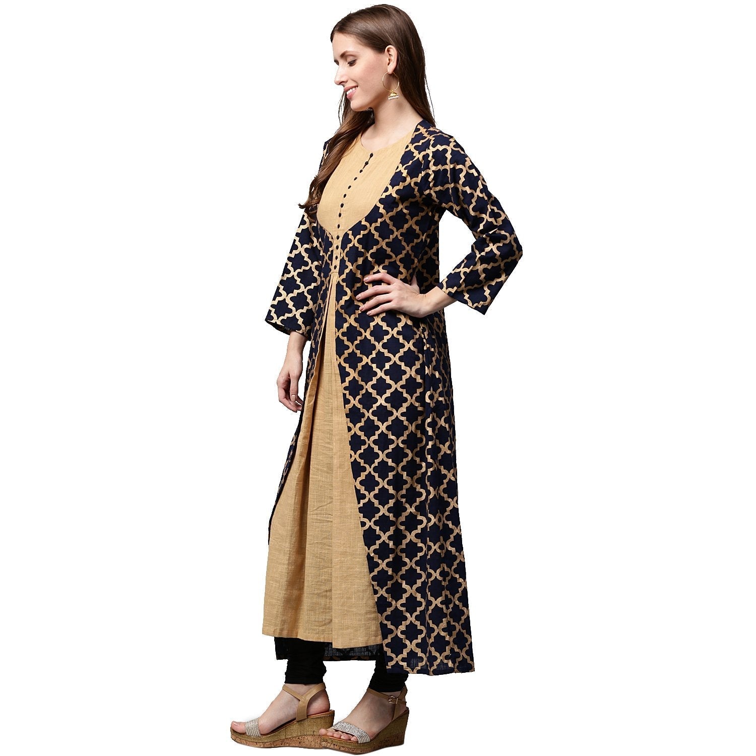 Navy Blue Printed Full Sleeve Cotton Double Layer Anarkali Kurta | LASVINI - Redefining Indian Fashion with Elegance