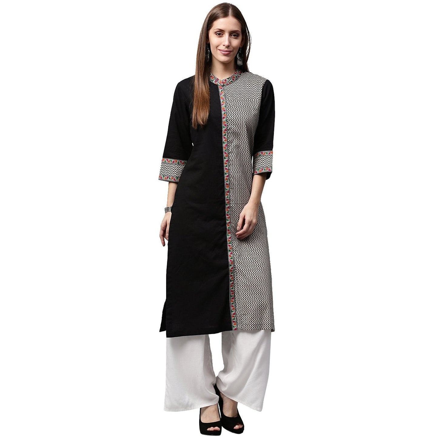 Black Printed 3/4Th Sleeve Cotton Straight Kurta | LASVINI - Redefining Indian Fashion with Elegance