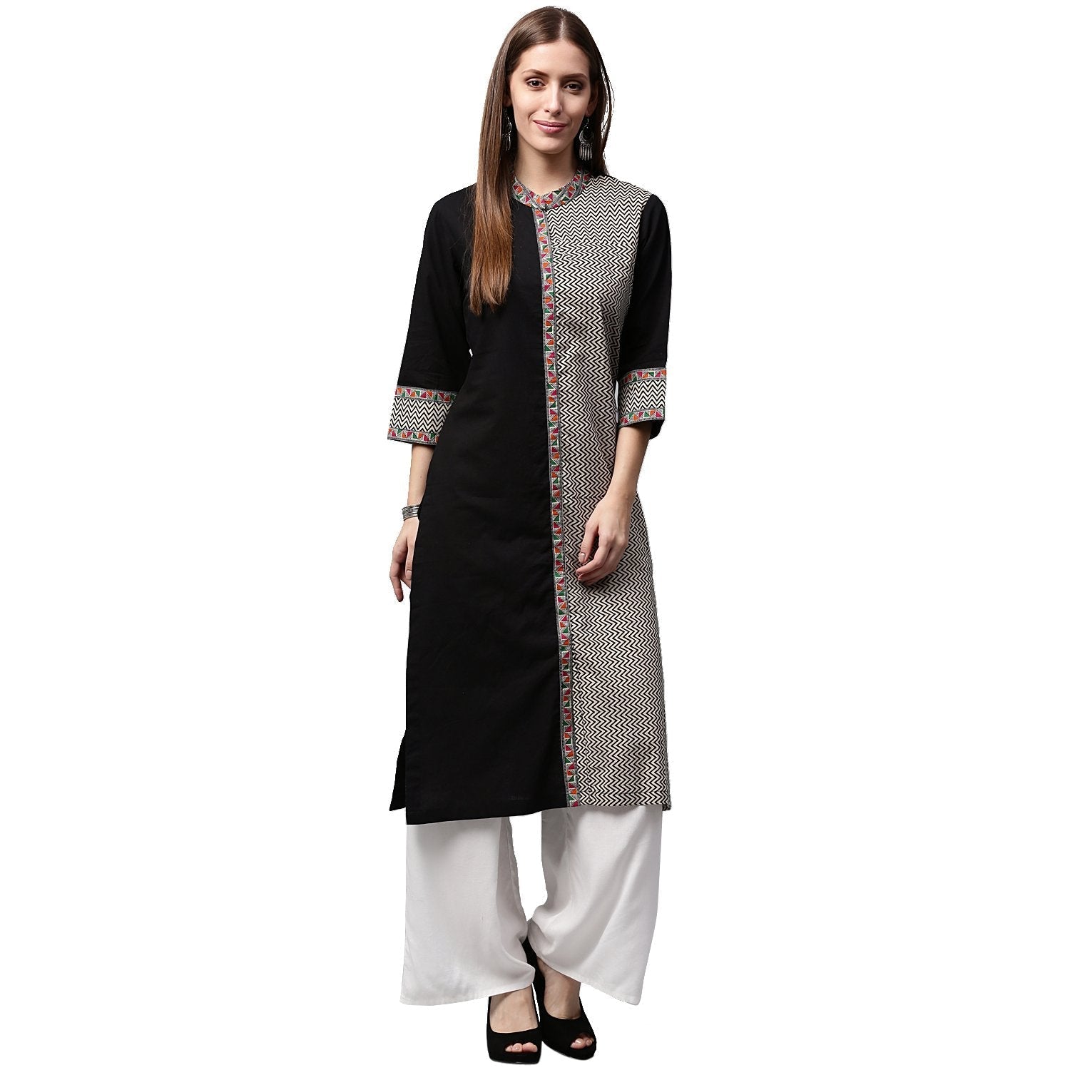 Black Printed 3/4Th Sleeve Cotton Straight Kurta | LASVINI - Redefining Indian Fashion with Elegance