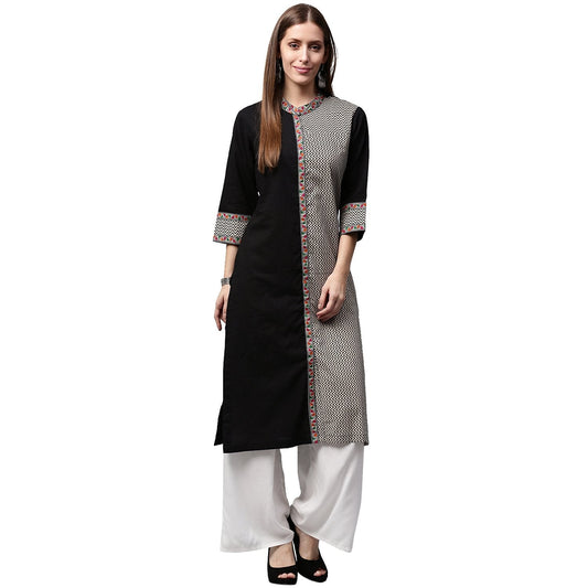 Black Printed 3/4Th Sleeve Cotton Straight Kurta | LASVINI - Redefining Indian Fashion with Elegance