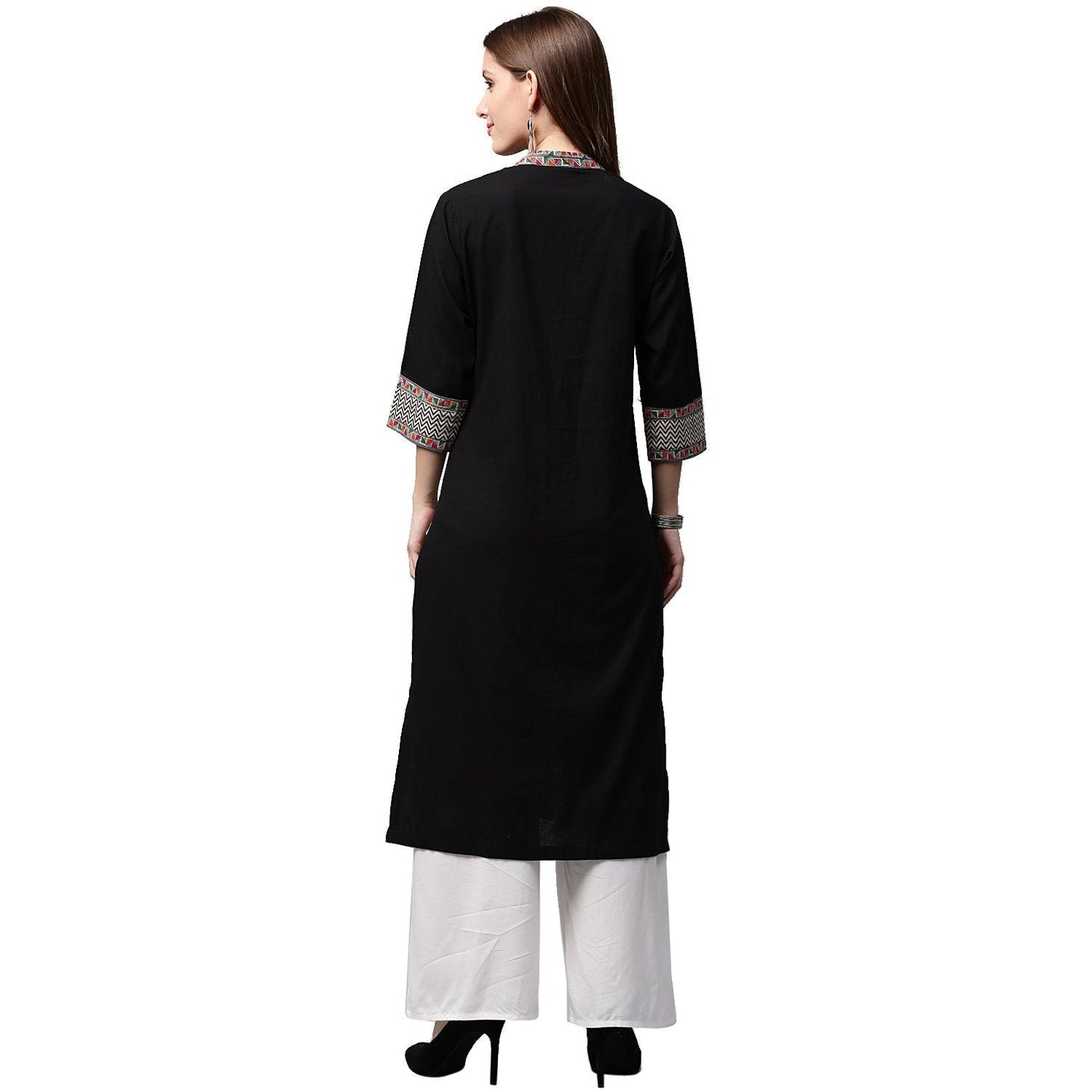 Black Printed 3/4Th Sleeve Cotton Straight Kurta | LASVINI - Redefining Indian Fashion with Elegance