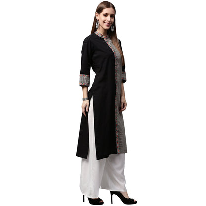 Black Printed 3/4Th Sleeve Cotton Straight Kurta | LASVINI - Redefining Indian Fashion with Elegance