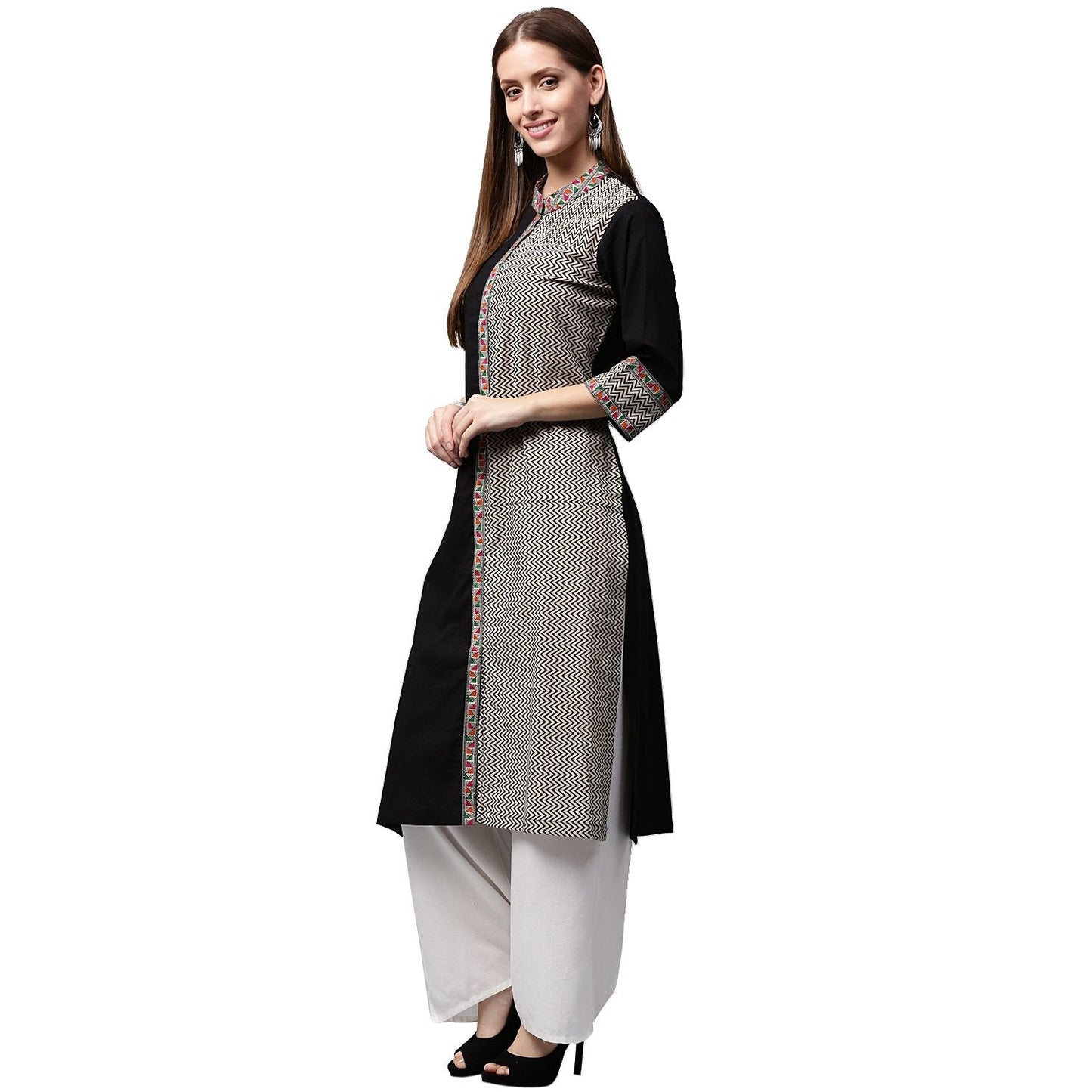 Black Printed 3/4Th Sleeve Cotton Straight Kurta | LASVINI - Redefining Indian Fashion with Elegance