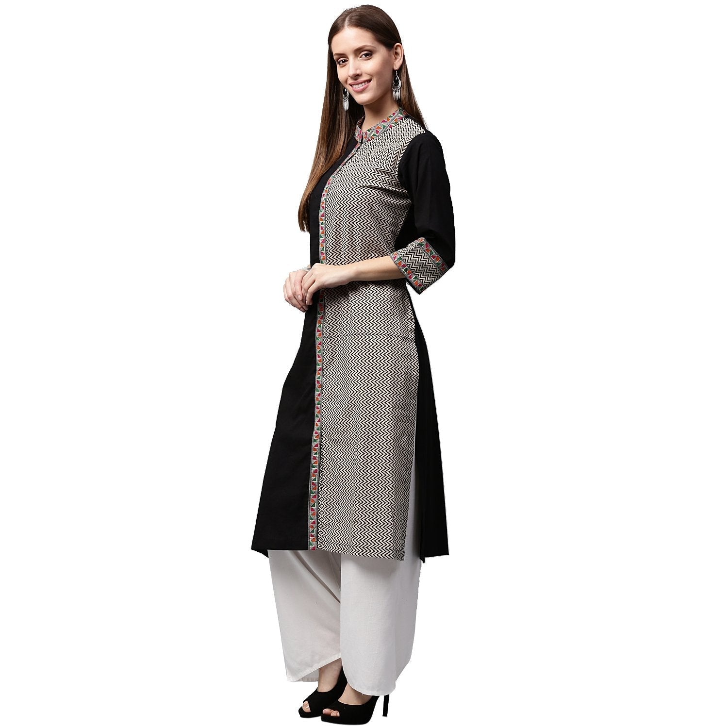 Black Printed 3/4Th Sleeve Cotton Straight Kurta | LASVINI - Redefining Indian Fashion with Elegance