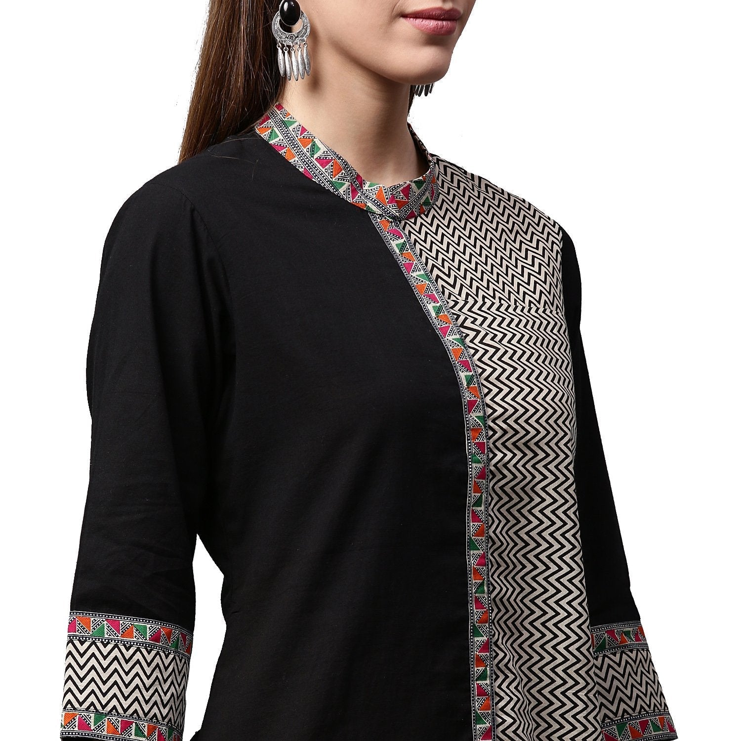 Black Printed 3/4Th Sleeve Cotton Straight Kurta | LASVINI - Redefining Indian Fashion with Elegance