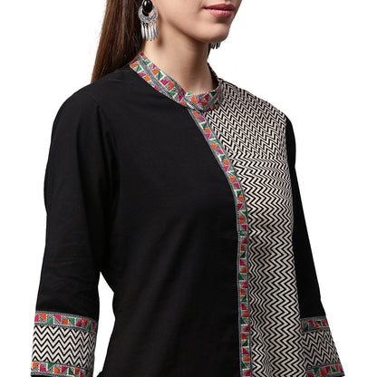 Black Printed 3/4Th Sleeve Cotton Straight Kurta | LASVINI - Redefining Indian Fashion with Elegance