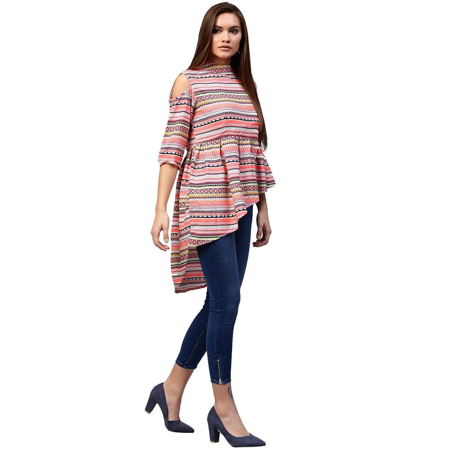 Multi Printed 3/4Th Sleeve Cold Shoulder Assymetric Tunic | LASVINI - Redefining Indian Fashion with Elegance