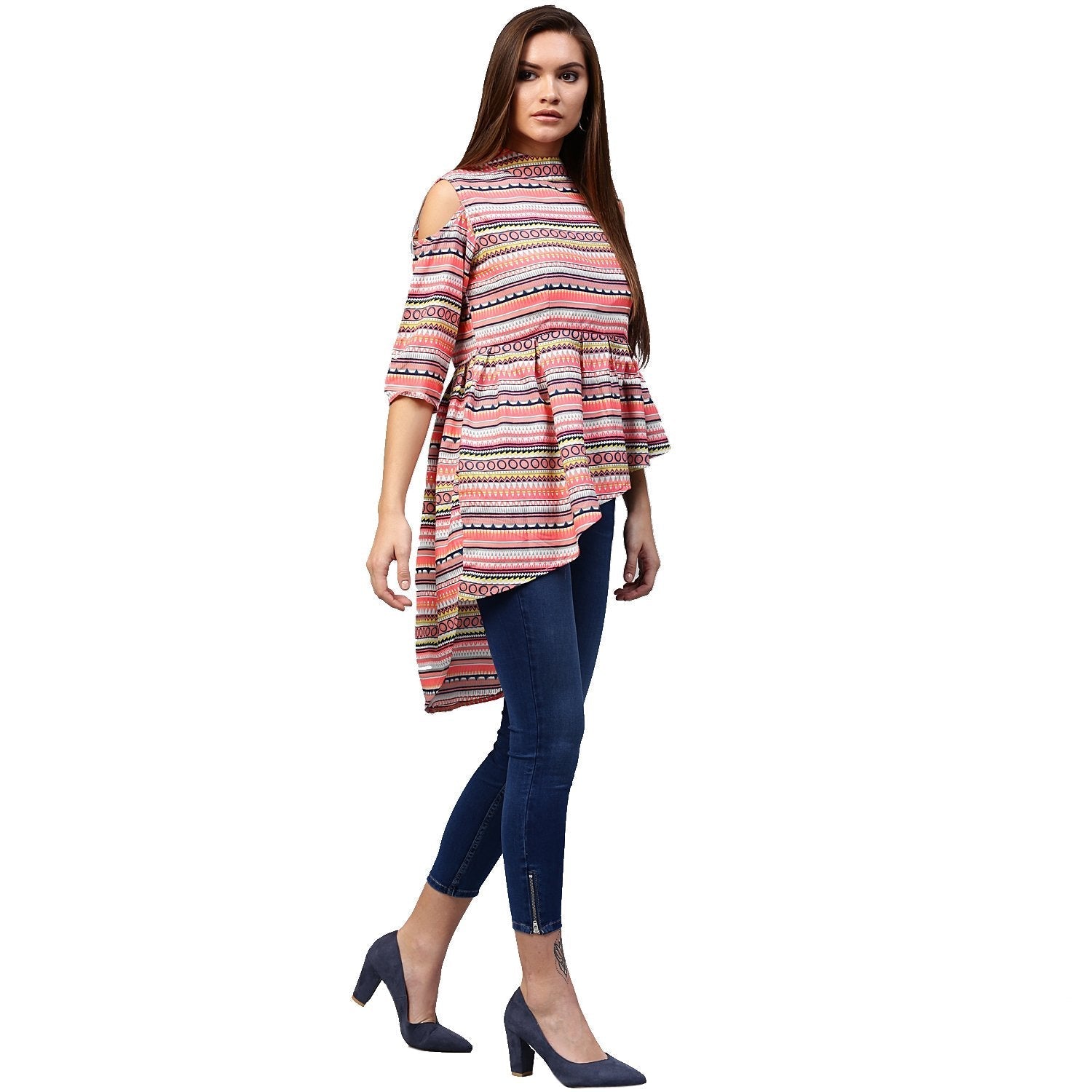 Multi Printed 3/4Th Sleeve Cold Shoulder Assymetric Tunic | LASVINI - Redefining Indian Fashion with Elegance