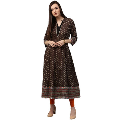 Olive Green Printed 3/4Th Sleeve Cotton Anarkali Kurta | LASVINI - Redefining Indian Fashion with Elegance