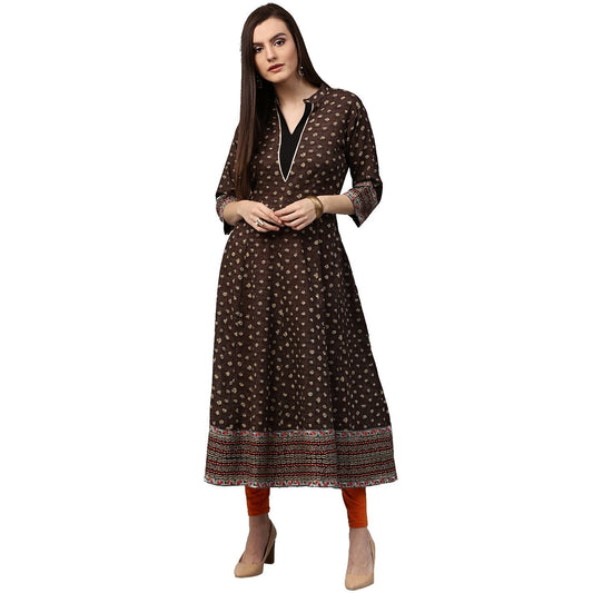 Olive Green Printed 3/4Th Sleeve Cotton Anarkali Kurta | LASVINI - Redefining Indian Fashion with Elegance