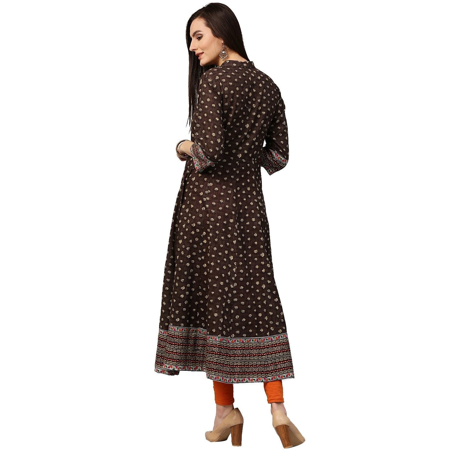 Olive Green Printed 3/4Th Sleeve Cotton Anarkali Kurta | LASVINI - Redefining Indian Fashion with Elegance