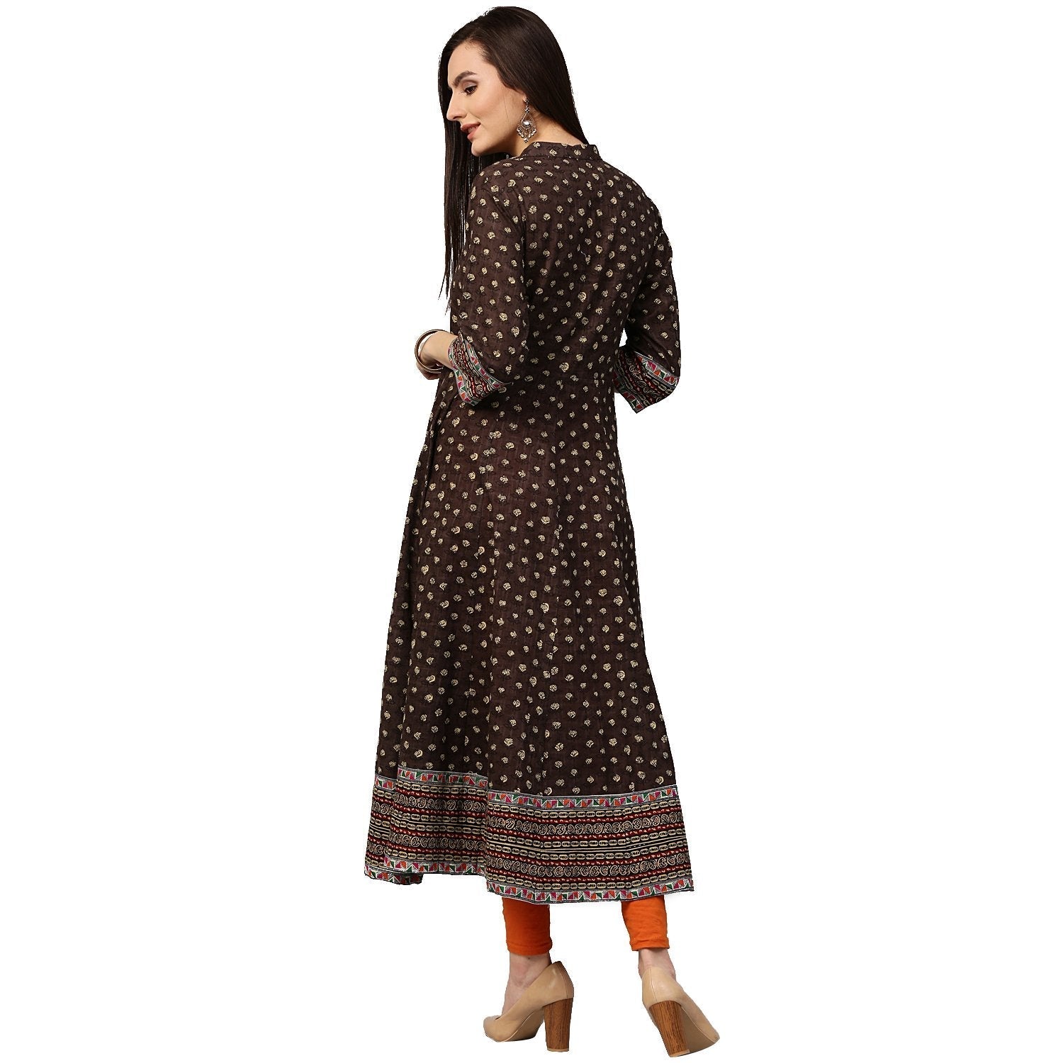 Olive Green Printed 3/4Th Sleeve Cotton Anarkali Kurta | LASVINI - Redefining Indian Fashion with Elegance