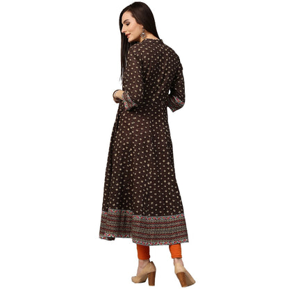 Olive Green Printed 3/4Th Sleeve Cotton Anarkali Kurta | LASVINI - Redefining Indian Fashion with Elegance