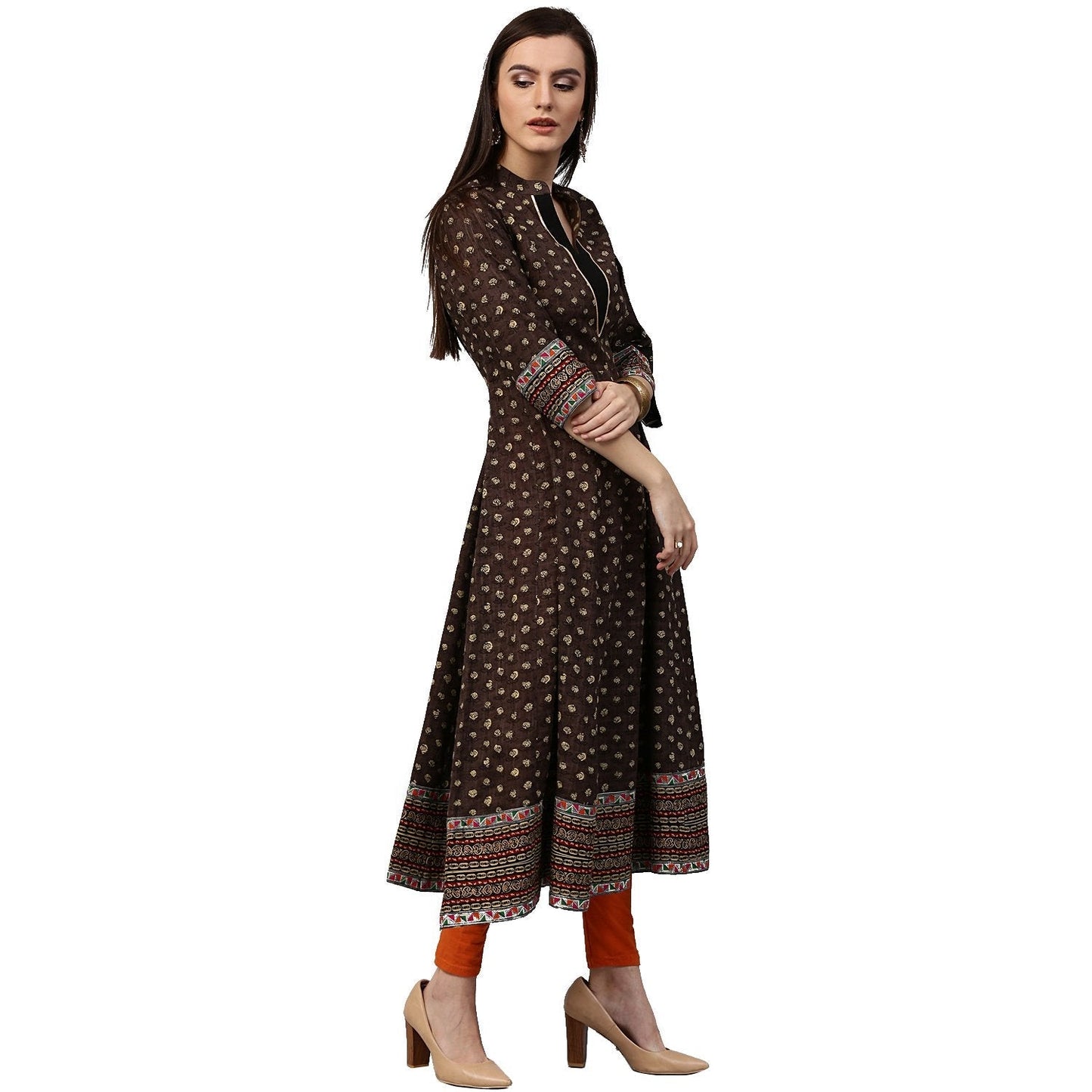 Olive Green Printed 3/4Th Sleeve Cotton Anarkali Kurta | LASVINI - Redefining Indian Fashion with Elegance
