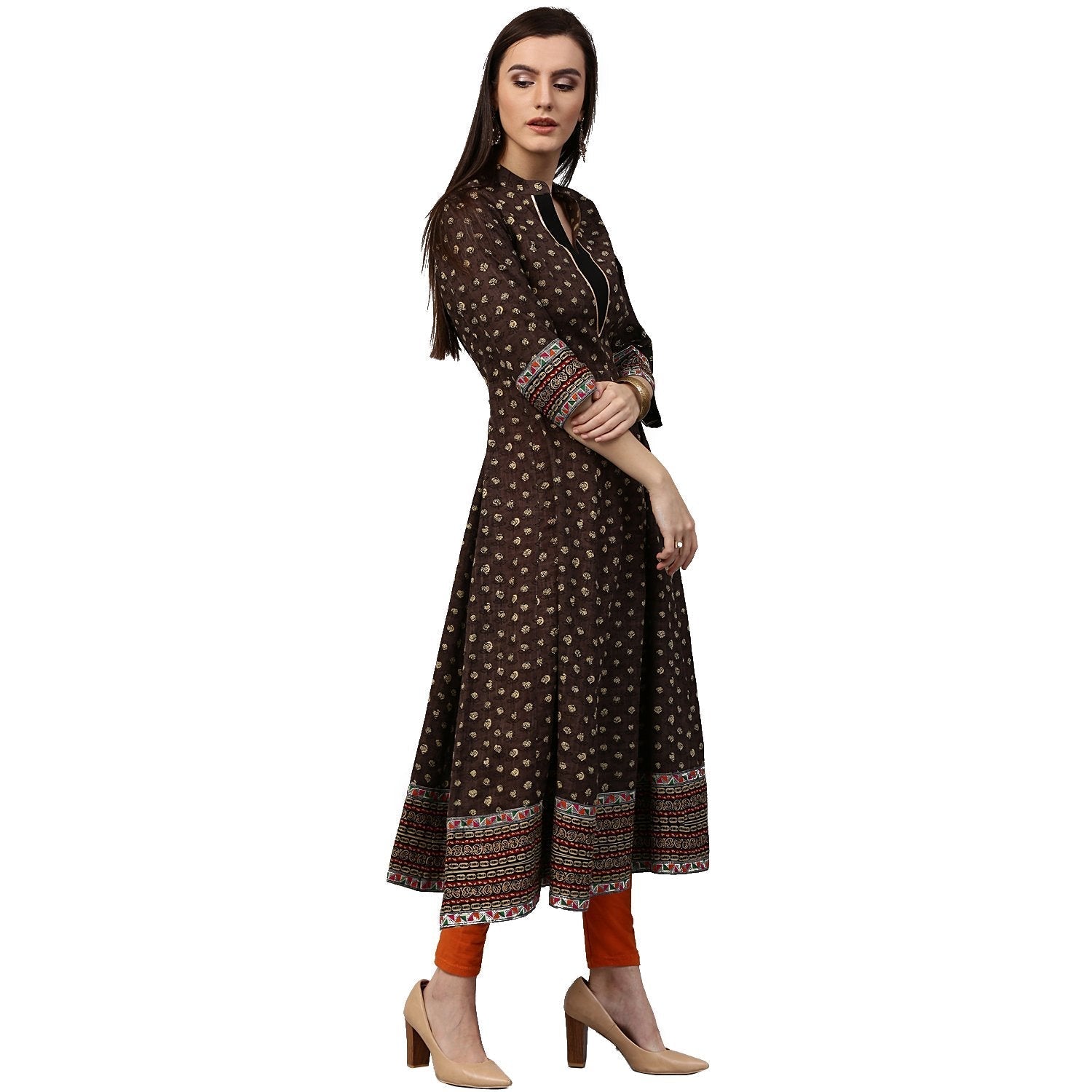 Olive Green Printed 3/4Th Sleeve Cotton Anarkali Kurta | LASVINI - Redefining Indian Fashion with Elegance