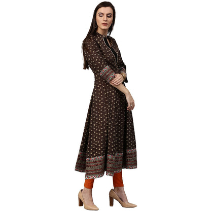 Olive Green Printed 3/4Th Sleeve Cotton Anarkali Kurta | LASVINI - Redefining Indian Fashion with Elegance