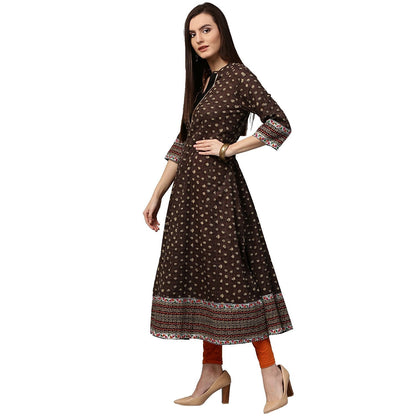 Olive Green Printed 3/4Th Sleeve Cotton Anarkali Kurta | LASVINI - Redefining Indian Fashion with Elegance
