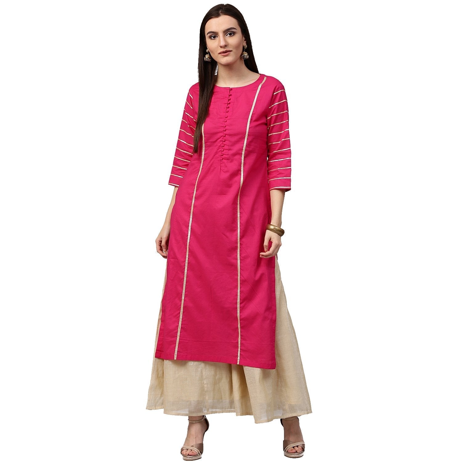 Pink 3/4Th Sleeve Cotton Straight Kurta With Gotta Work | LASVINI - Redefining Indian Fashion with Elegance