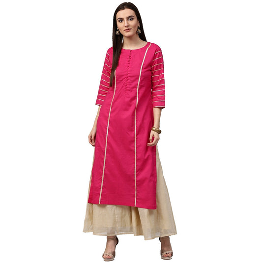 Pink 3/4Th Sleeve Cotton Straight Kurta With Gotta Work | LASVINI - Redefining Indian Fashion with Elegance