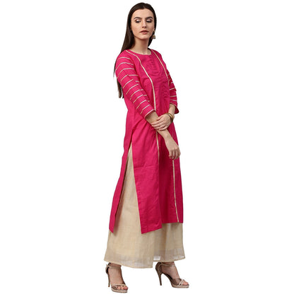 Pink 3/4Th Sleeve Cotton Straight Kurta With Gotta Work | LASVINI - Redefining Indian Fashion with Elegance