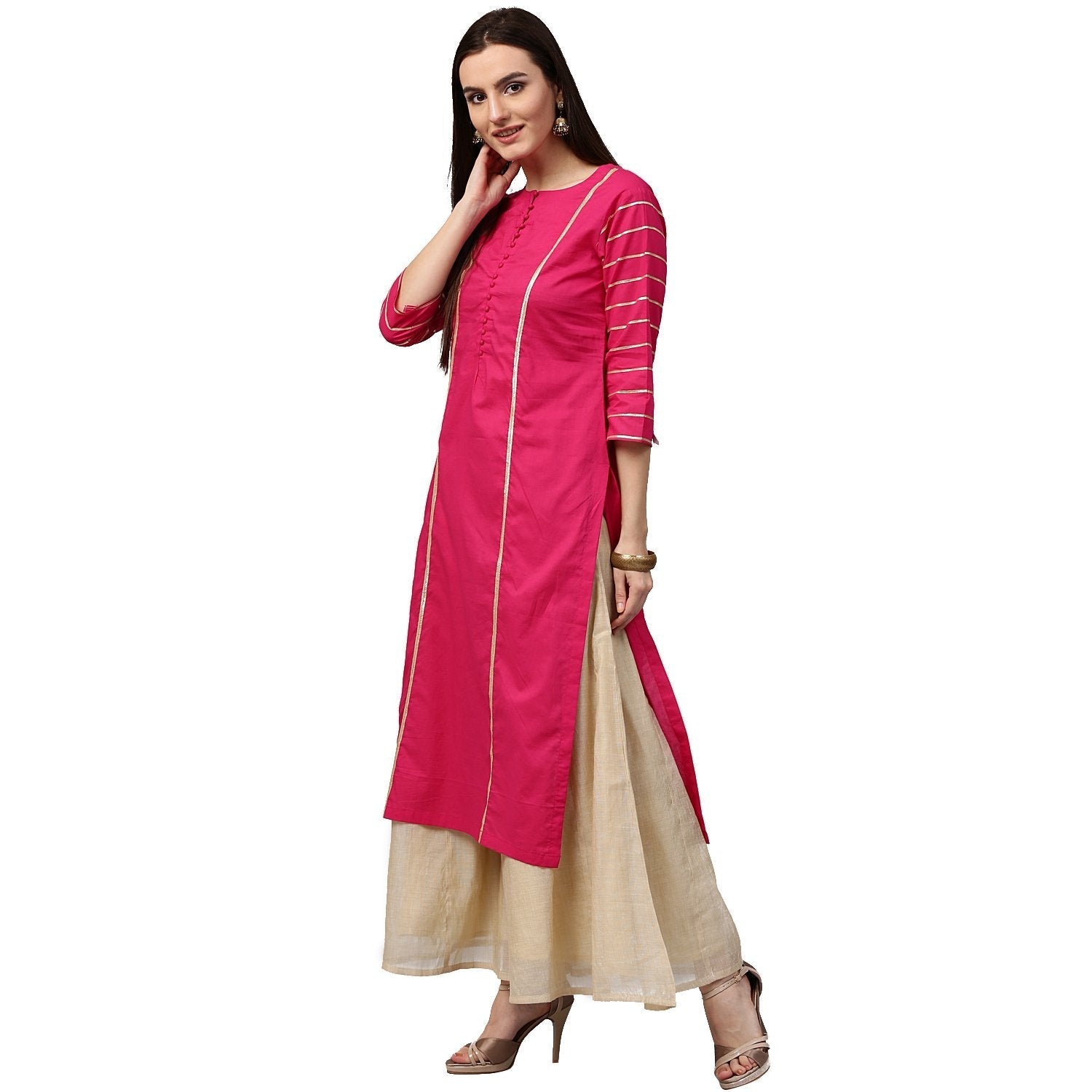 Pink 3/4Th Sleeve Cotton Straight Kurta With Gotta Work | LASVINI - Redefining Indian Fashion with Elegance
