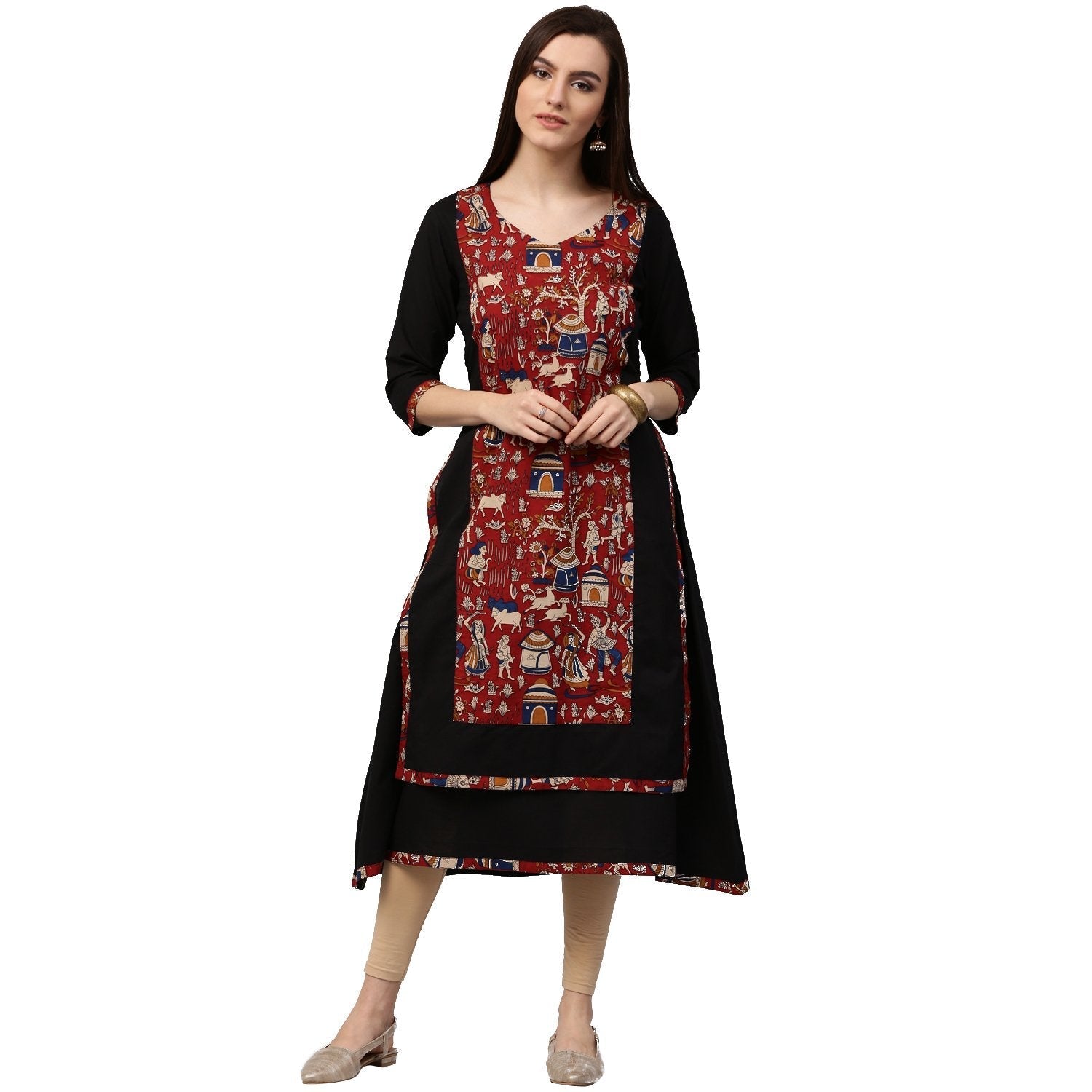 Black Printed 3/4Th Sleeve Anarkali Kurta With Double Layer In Front | LASVINI - Redefining Indian Fashion with Elegance