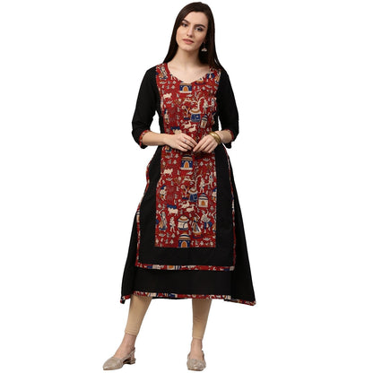 Black Printed 3/4Th Sleeve Anarkali Kurta With Double Layer In Front | LASVINI - Redefining Indian Fashion with Elegance