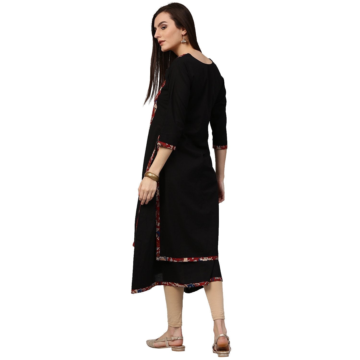 Black Printed 3/4Th Sleeve Anarkali Kurta With Double Layer In Front | LASVINI - Redefining Indian Fashion with Elegance