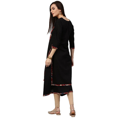 Black Printed 3/4Th Sleeve Anarkali Kurta With Double Layer In Front | LASVINI - Redefining Indian Fashion with Elegance