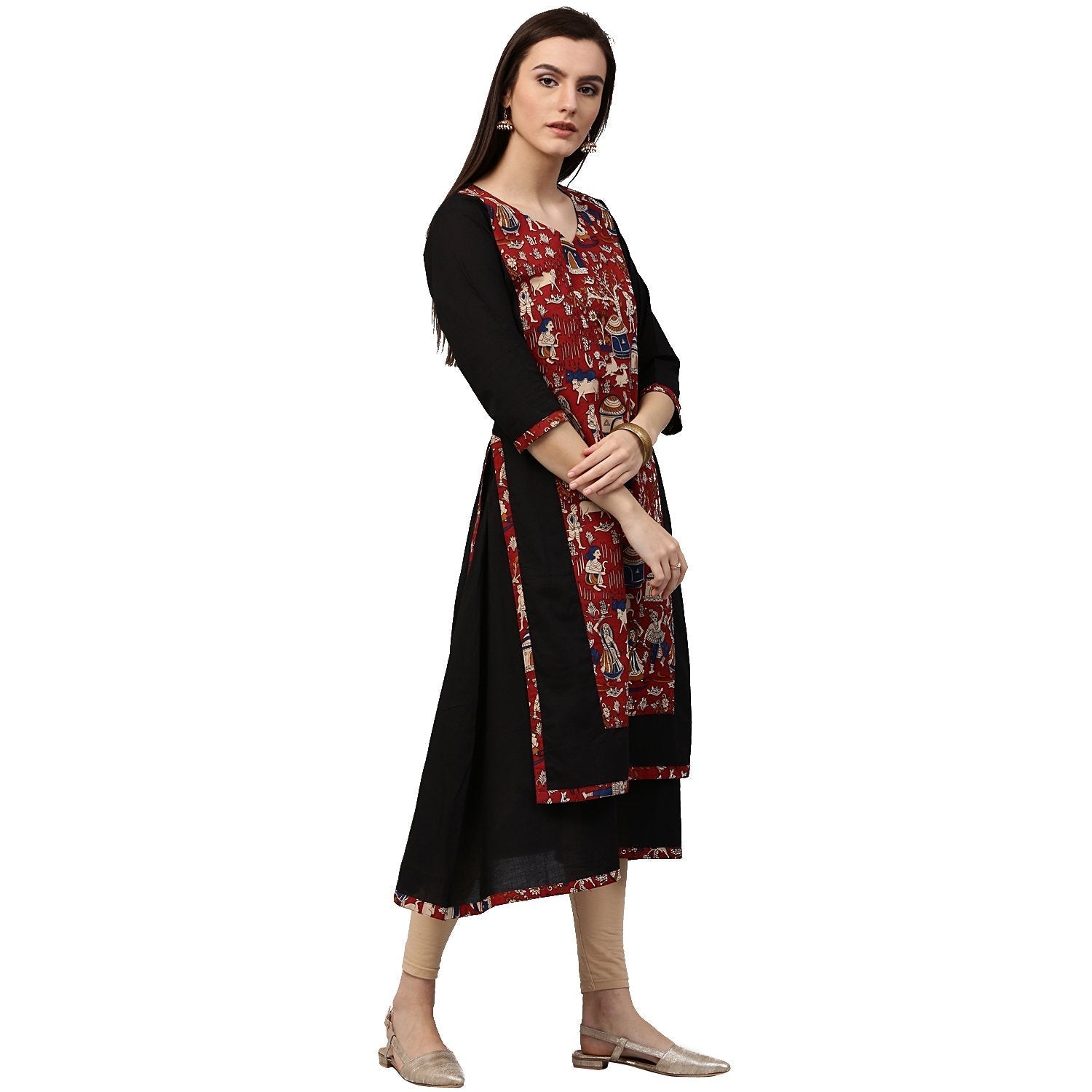 Black Printed 3/4Th Sleeve Anarkali Kurta With Double Layer In Front | LASVINI - Redefining Indian Fashion with Elegance
