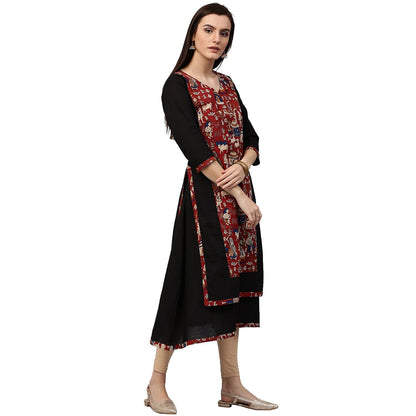Black Printed 3/4Th Sleeve Anarkali Kurta With Double Layer In Front | LASVINI - Redefining Indian Fashion with Elegance