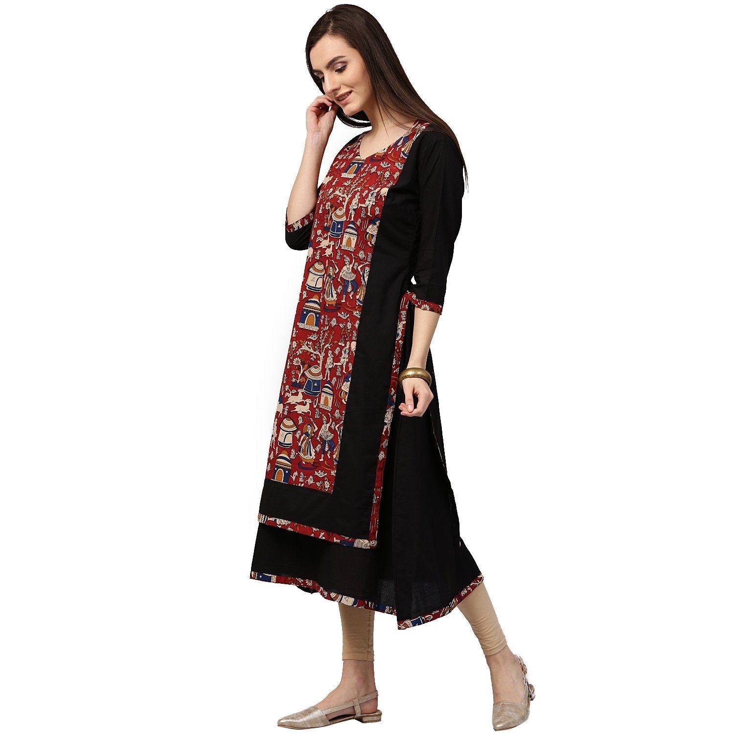 Black Printed 3/4Th Sleeve Anarkali Kurta With Double Layer In Front | LASVINI - Redefining Indian Fashion with Elegance