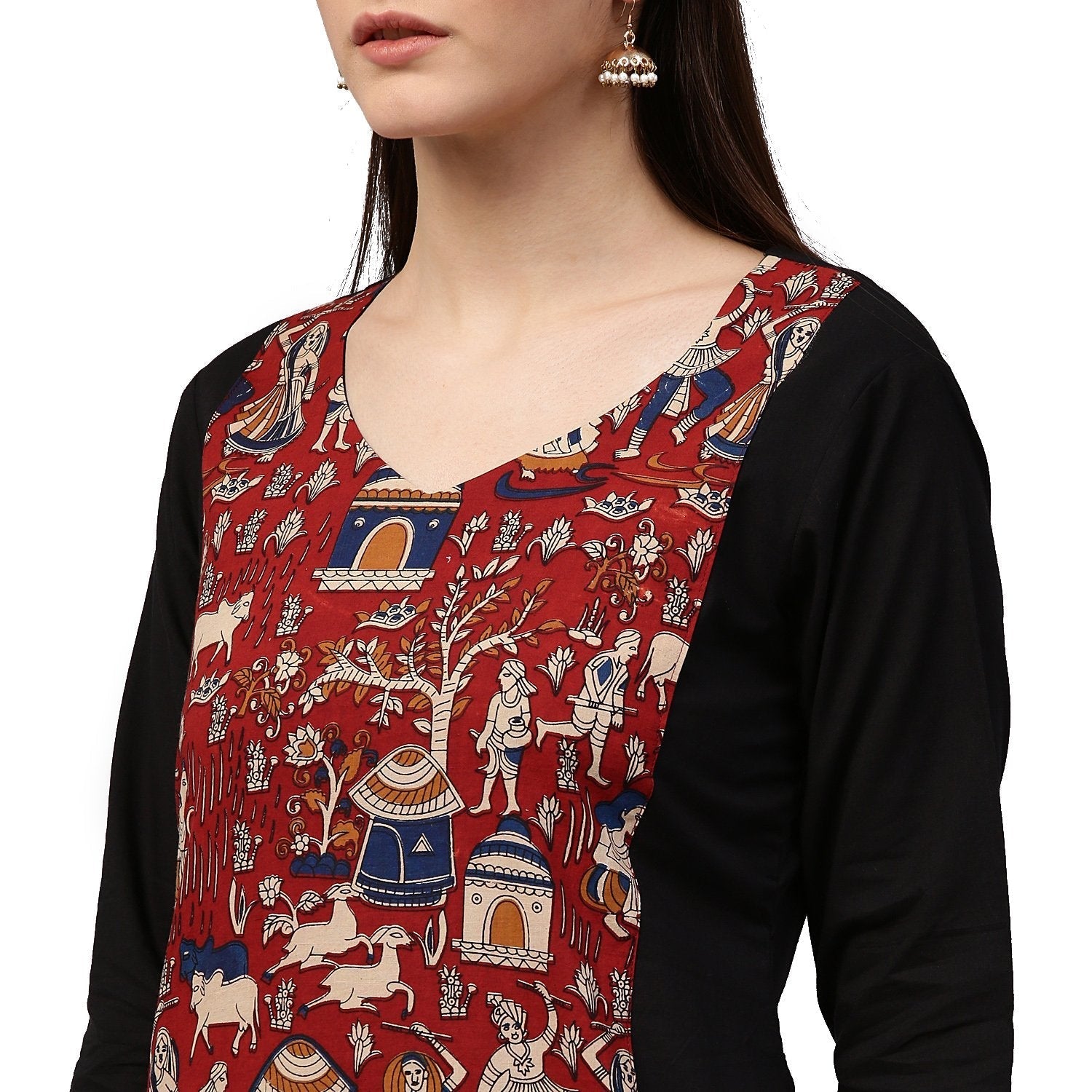 Black Printed 3/4Th Sleeve Anarkali Kurta With Double Layer In Front | LASVINI - Redefining Indian Fashion with Elegance