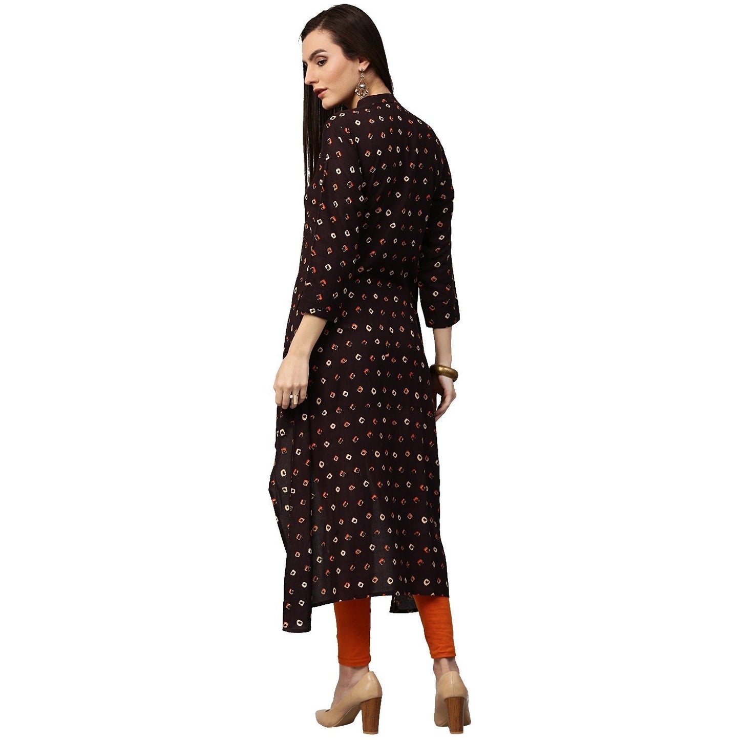 Coffee Brown Printed 3/4Th Sleeve Rayon Low High Kurta | LASVINI - Redefining Indian Fashion with Elegance