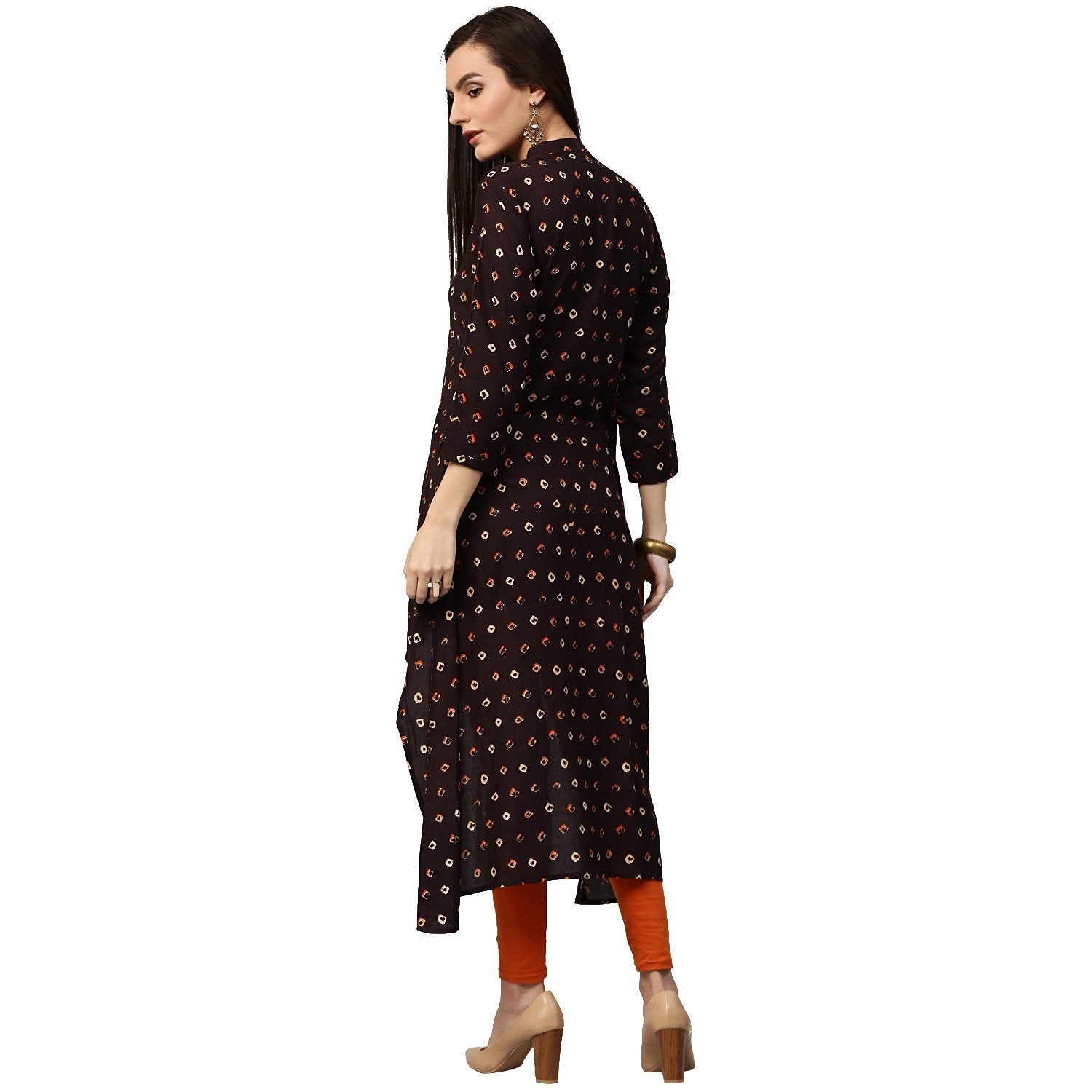 Coffee Brown Printed 3/4Th Sleeve Rayon Low High Kurta | LASVINI - Redefining Indian Fashion with Elegance