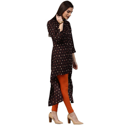 Coffee Brown Printed 3/4Th Sleeve Rayon Low High Kurta | LASVINI - Redefining Indian Fashion with Elegance