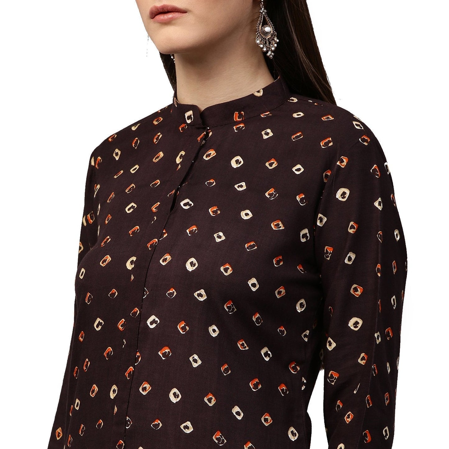 Coffee Brown Printed 3/4Th Sleeve Rayon Low High Kurta | LASVINI - Redefining Indian Fashion with Elegance