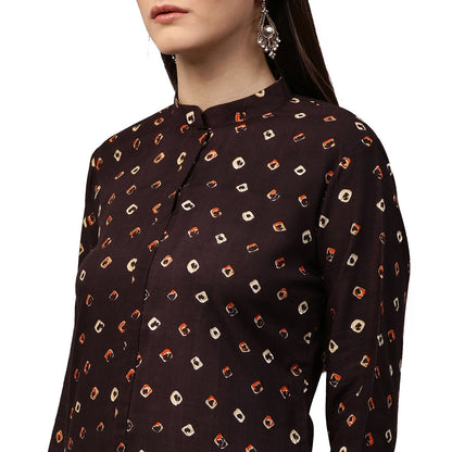 Coffee Brown Printed 3/4Th Sleeve Rayon Low High Kurta | LASVINI - Redefining Indian Fashion with Elegance