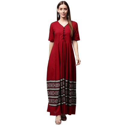 Maroon Printed Half Sleeve Cotton Anarkali Kurta | LASVINI - Redefining Indian Fashion with Elegance