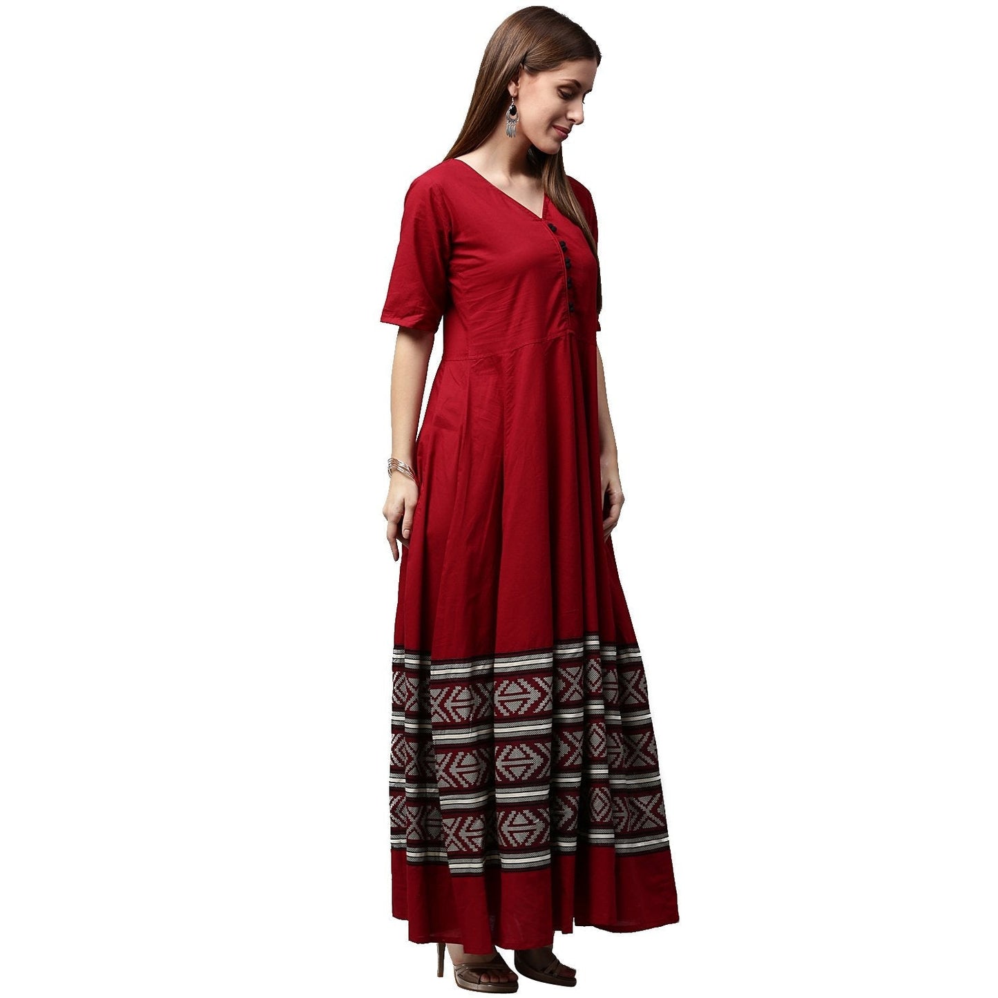 Maroon Printed Half Sleeve Cotton Anarkali Kurta | LASVINI - Redefining Indian Fashion with Elegance
