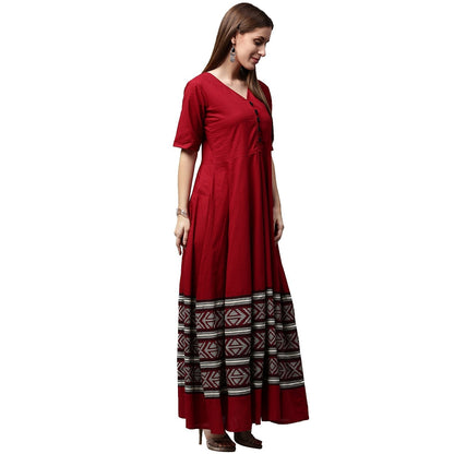 Maroon Printed Half Sleeve Cotton Anarkali Kurta | LASVINI - Redefining Indian Fashion with Elegance