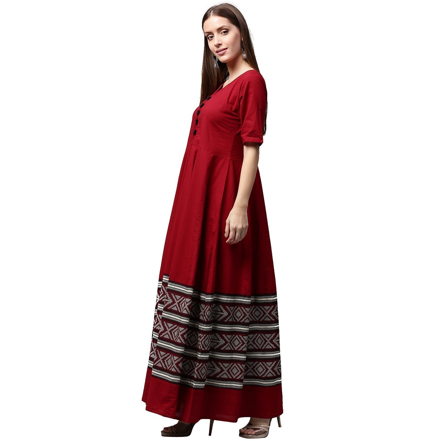 Maroon Printed Half Sleeve Cotton Anarkali Kurta | LASVINI - Redefining Indian Fashion with Elegance