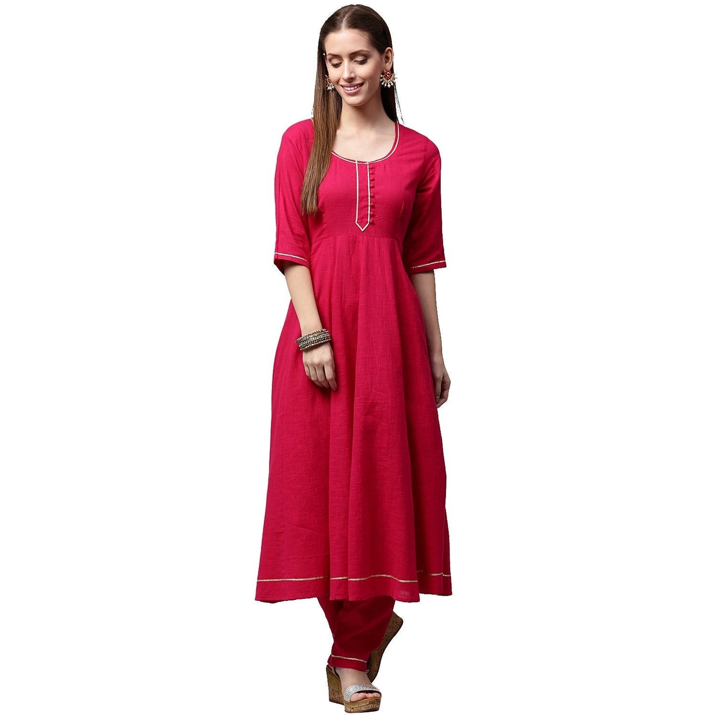 Pink 3/4Th Sleeve Cotton Slub Anarkali Kurta With Pink Flared Palazzo | LASVINI - Redefining Indian Fashion with Elegance