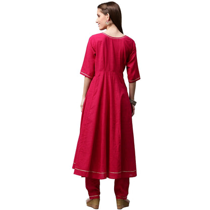 Pink 3/4Th Sleeve Cotton Slub Anarkali Kurta With Pink Flared Palazzo | LASVINI - Redefining Indian Fashion with Elegance