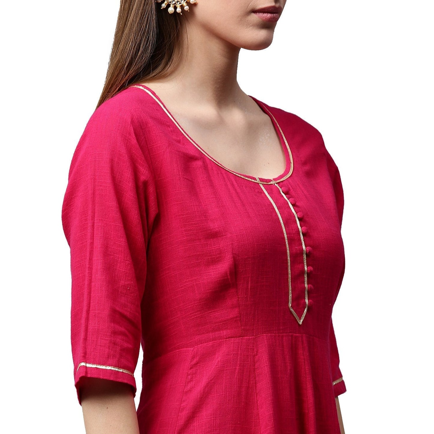 Pink 3/4Th Sleeve Cotton Slub Anarkali Kurta With Pink Flared Palazzo | LASVINI - Redefining Indian Fashion with Elegance